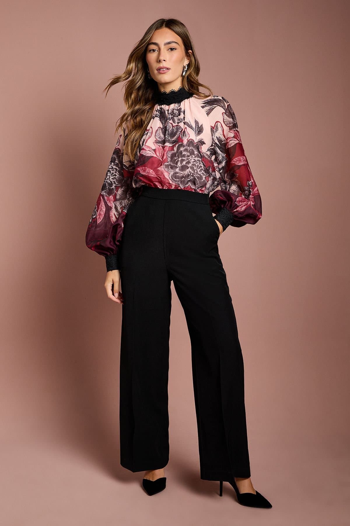 Coast Coast Women's Printed Organza Long Sleeve Jumpsuit in Black