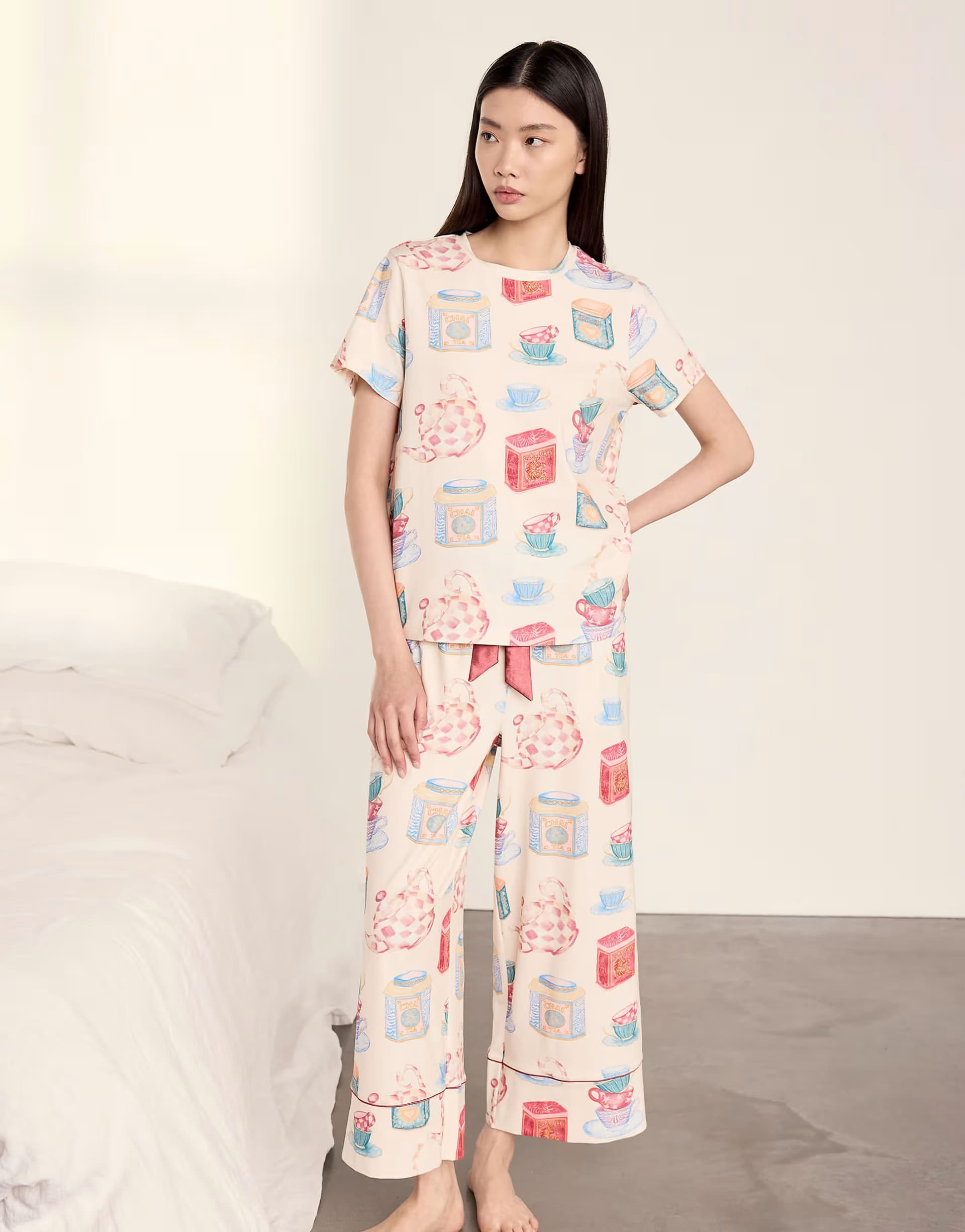 ASOS Chelsea Peers Cotton tea party print long pyjama set in off white