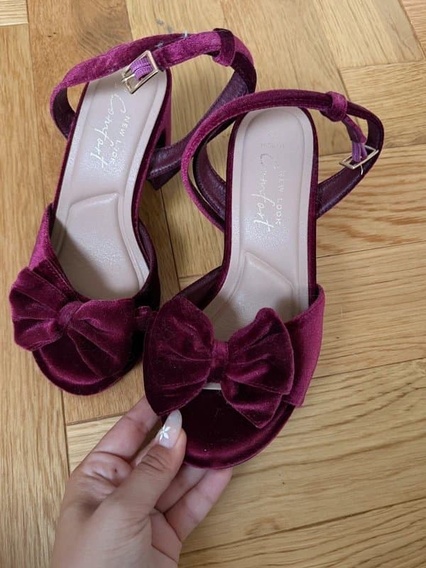 New Look New Look Burgundy Dark Red Velvet Ribbon Bow Chunky Heels