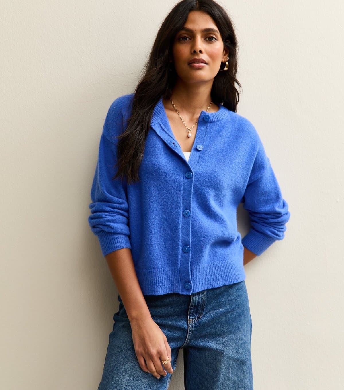 New Look Women's Bright Blue Crew Neck Knit Cardigan New Look