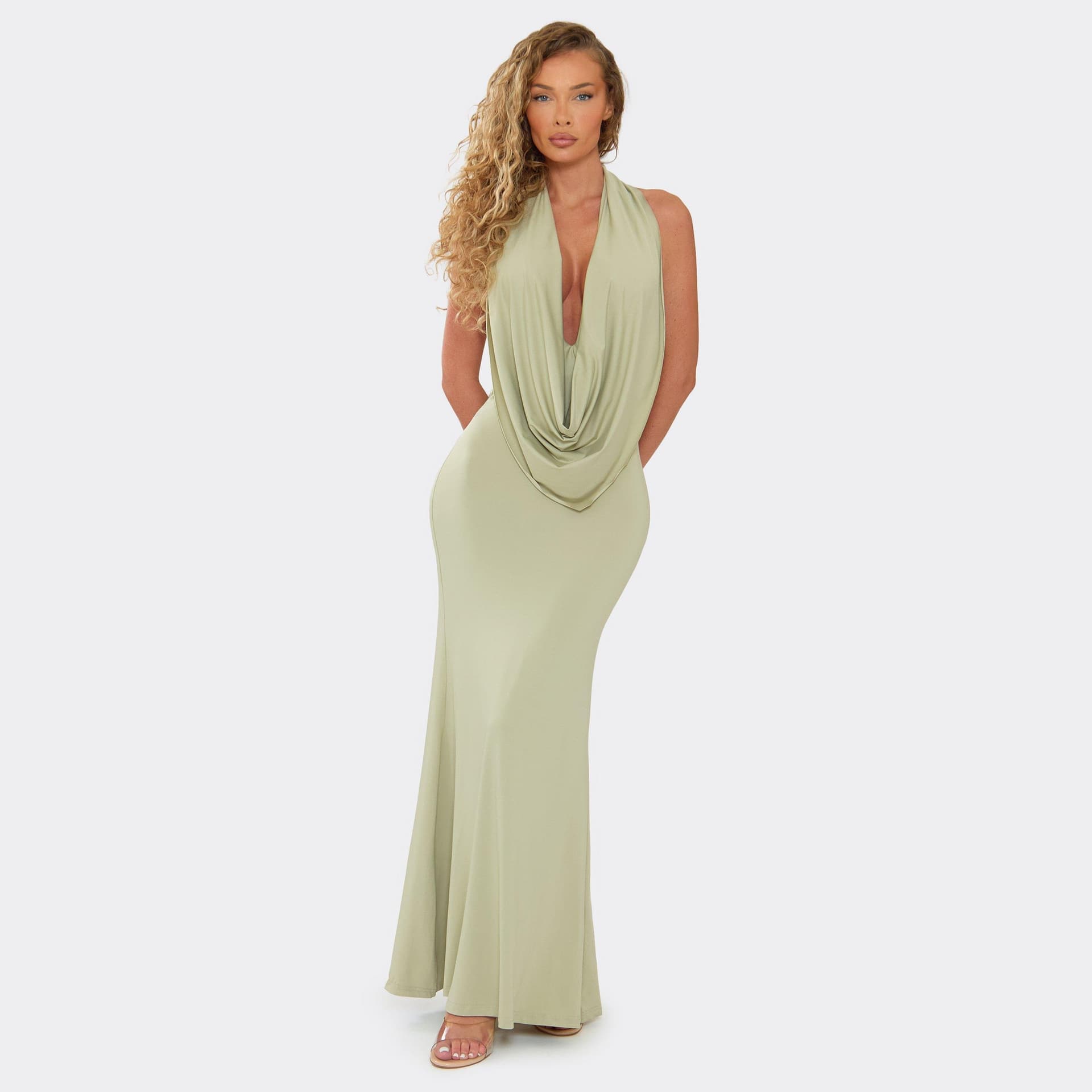 EGO Halterneck Cowl Front Bodycon Maxi Dress In Sage, Women's Size UK L