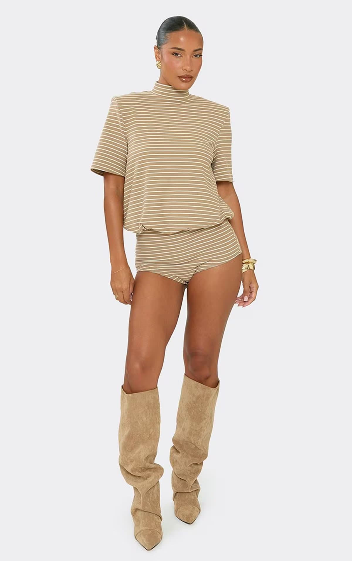 EGO Short Sleeve High Neck Shoulder Padded Blouson Micro Playsuit In Taupe Soft Stripe, Women's Size UK 6