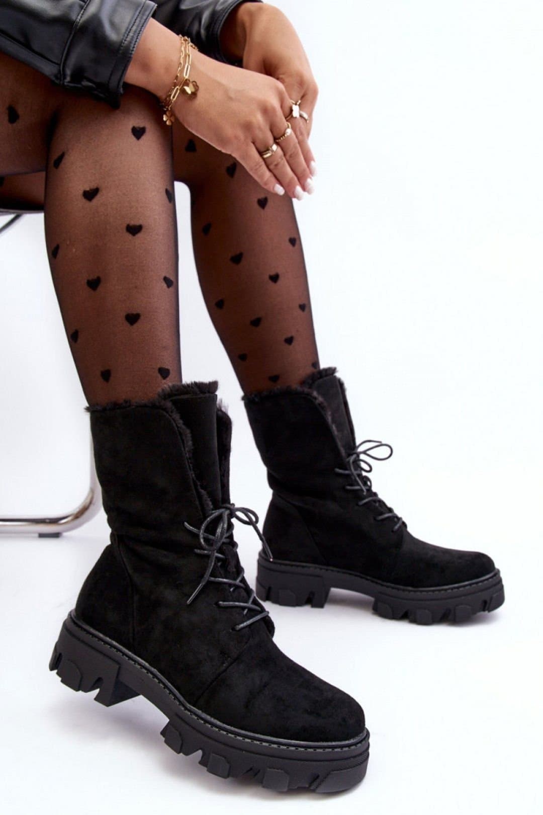 Love Lace Love Lace Women's Insulated Comfort Lined Slip On Lace Ankle Boots Platform Fur in Black