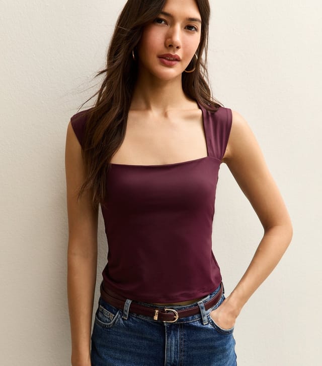 New Look Women's Dark Burgundy Square Neck Slinky Vest Top New Look - 2
