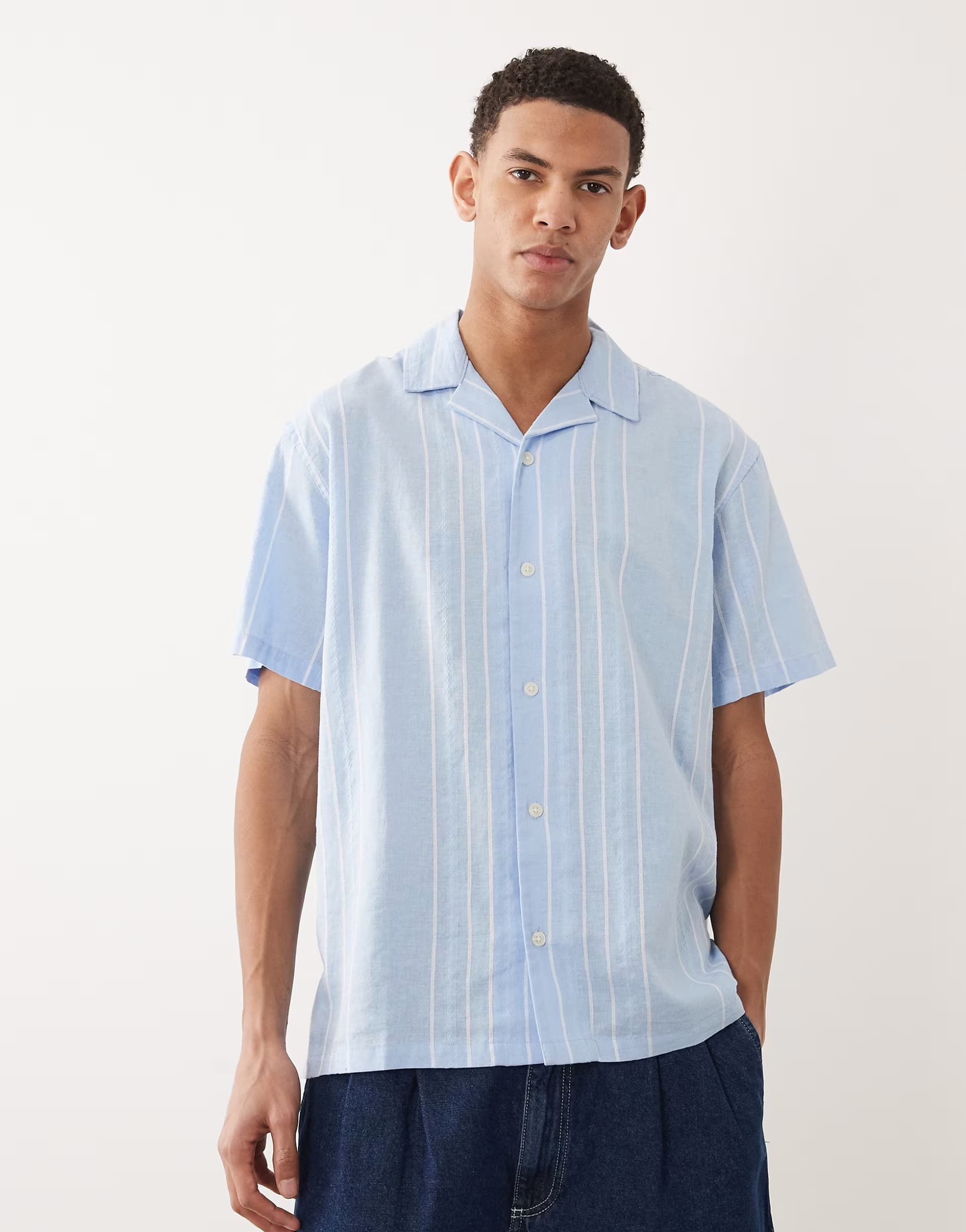 ASOS Jack & Jones Premium  linen blend short sleeve shirt with white stripes in light blue