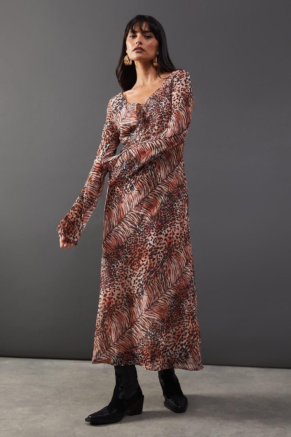 Warehouse Warehouse Women's Chiffon Tie Keyhole Front Bias Midi Dress in Animal