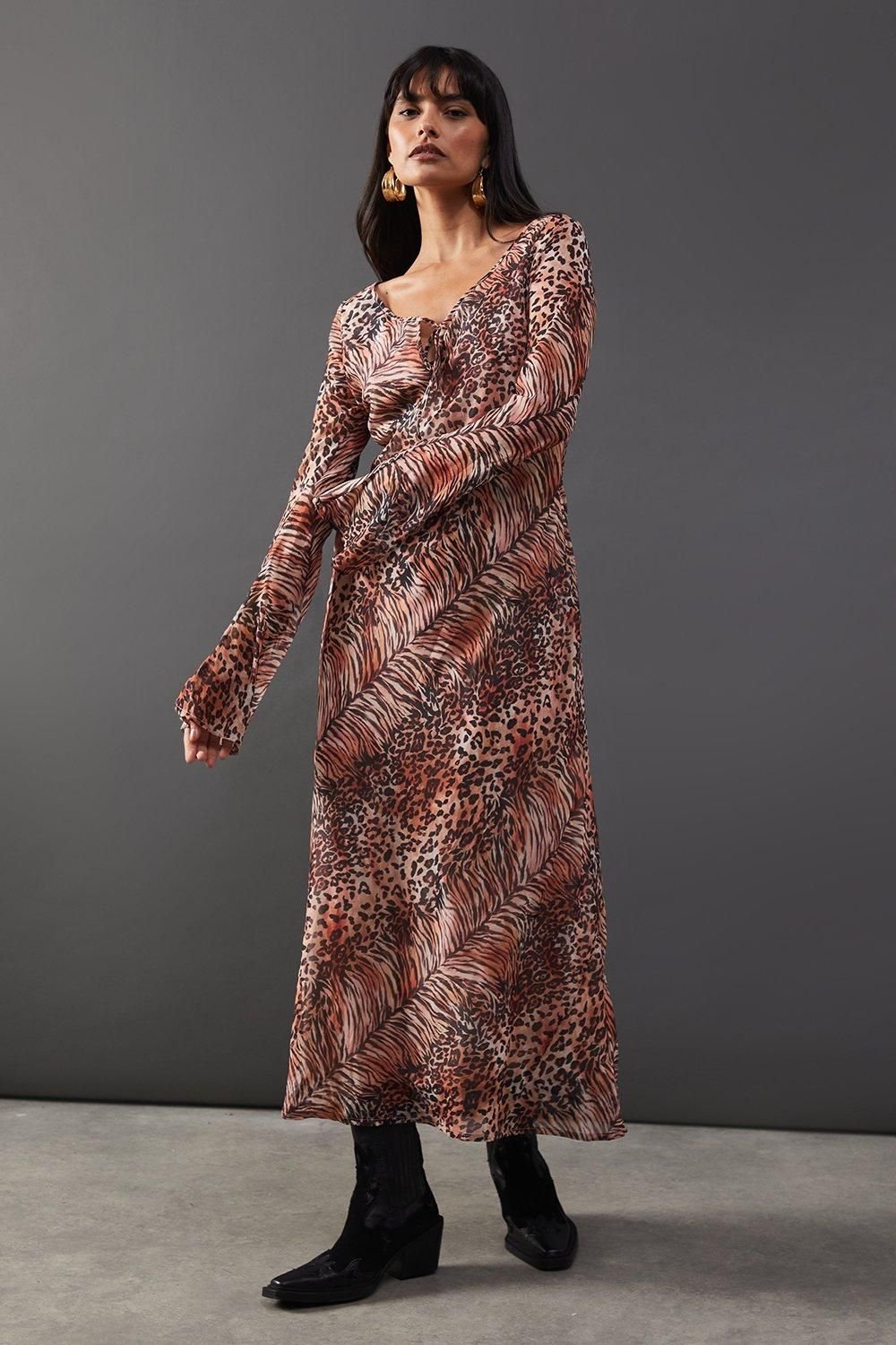 Warehouse Warehouse Women's Chiffon Tie Keyhole Front Bias Midi Dress in Animal - 2