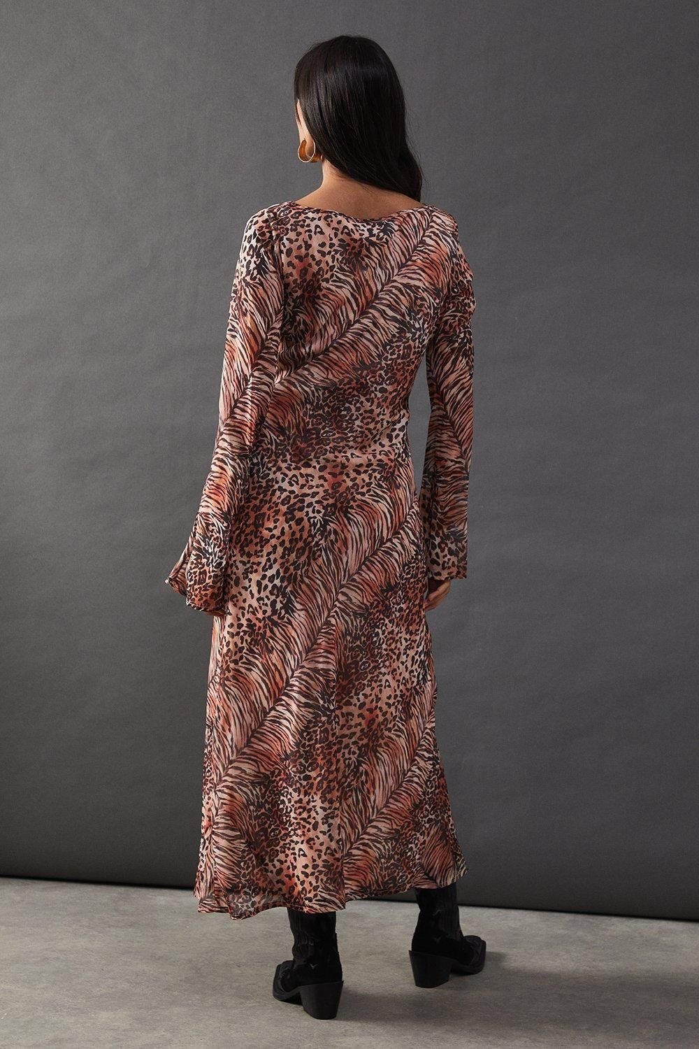 Warehouse Warehouse Women's Chiffon Tie Keyhole Front Bias Midi Dress in Animal - 3