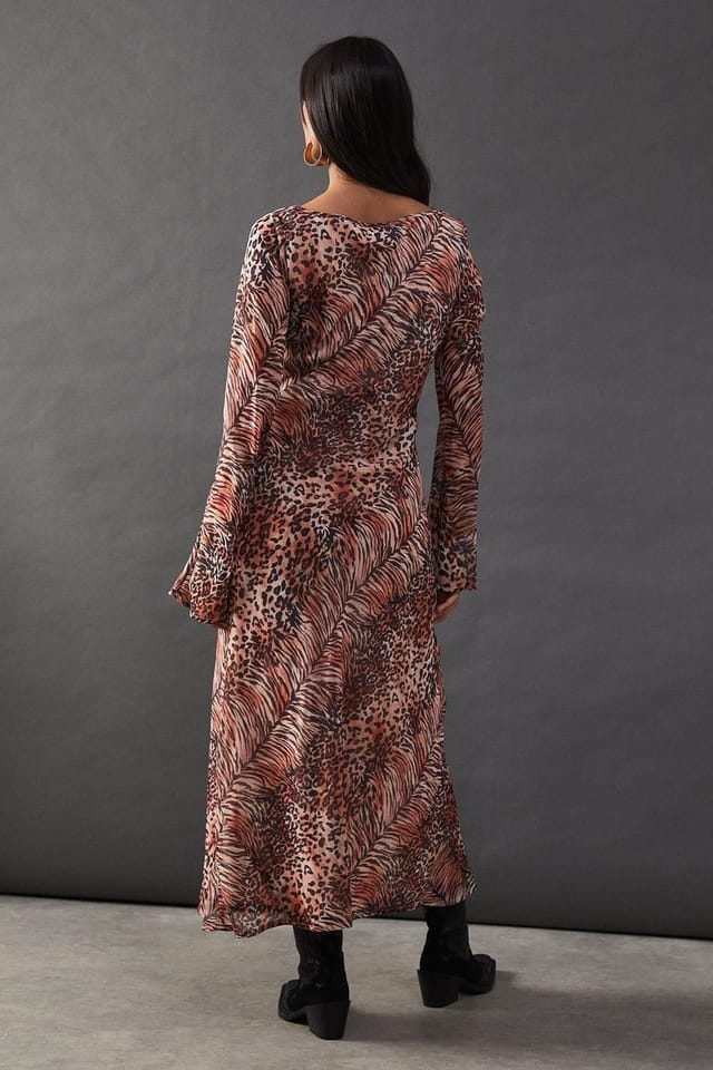 Warehouse Warehouse Women's Chiffon Tie Keyhole Front Bias Midi Dress in Animal - 3