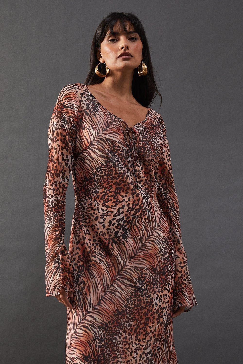 Warehouse Warehouse Women's Chiffon Tie Keyhole Front Bias Midi Dress in Animal - 4