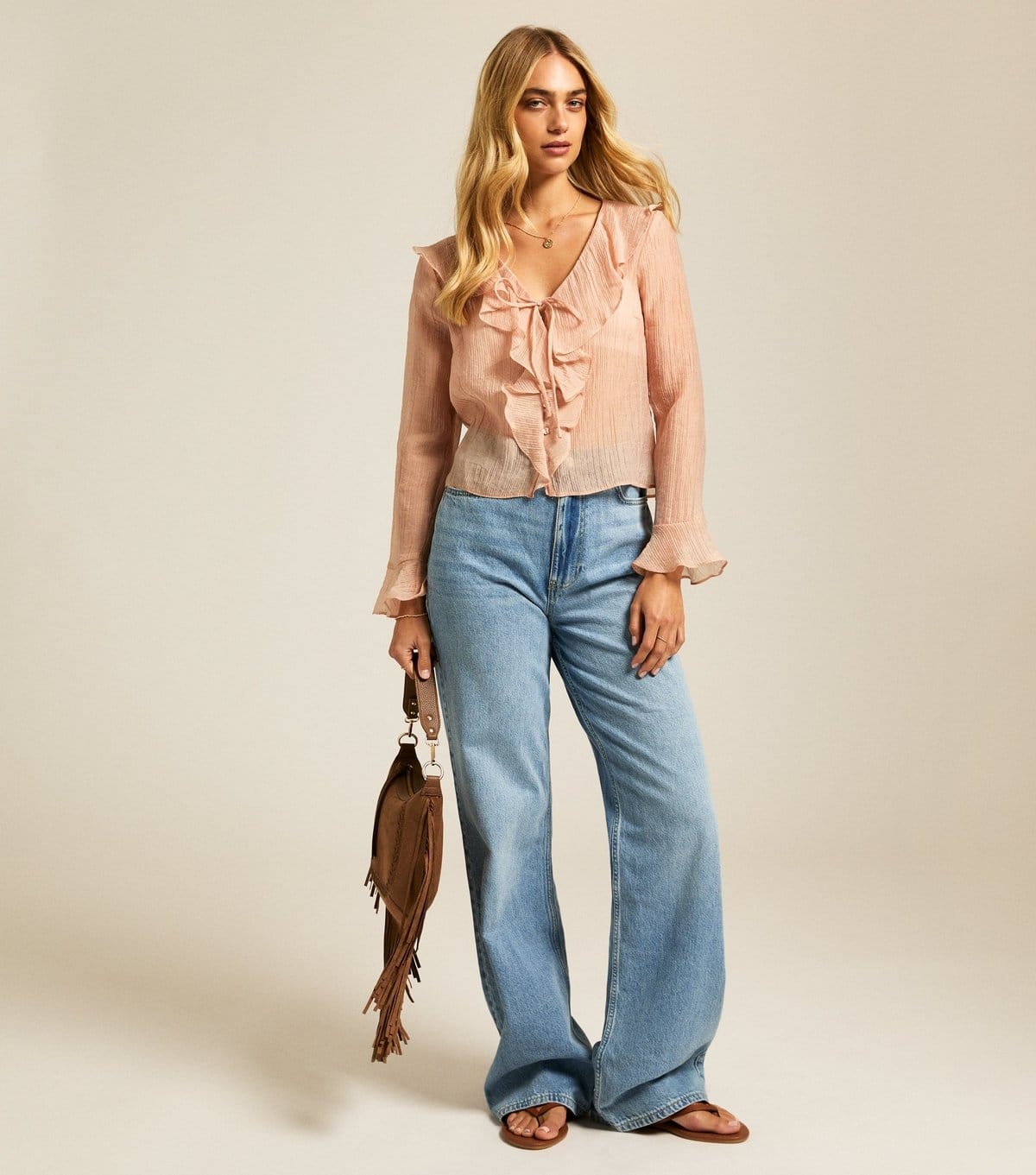 New Look Women's Light Pink Ruffled Tie Neck Blouse New Look - 4