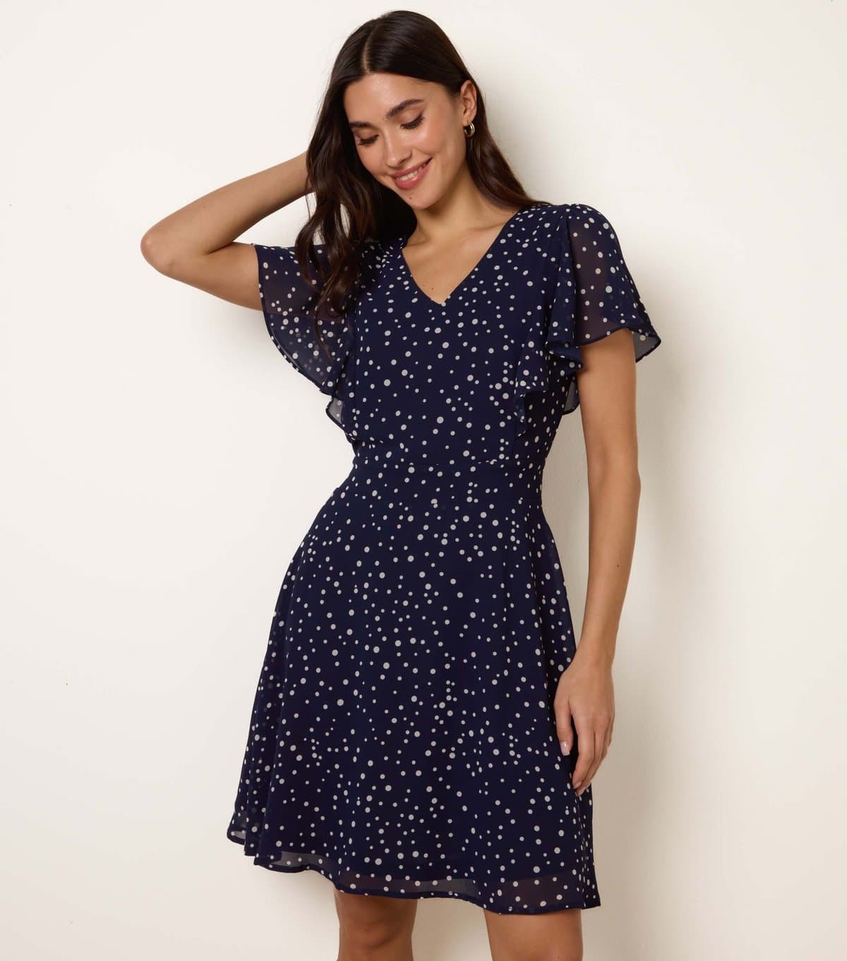 Blue Vanilla Women's Navy Polka Dot V Neck Tieback Minidress Blue Vanilla New Look