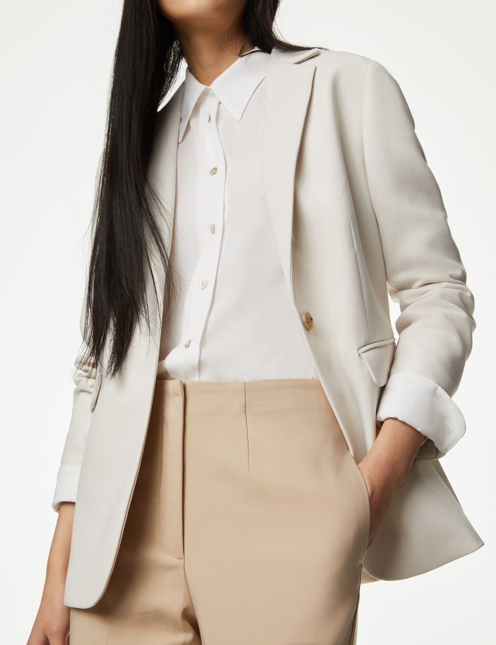 Marks & Spencer M&S Cotton Blend Slim Fit Cropped Trousers Sand - 2