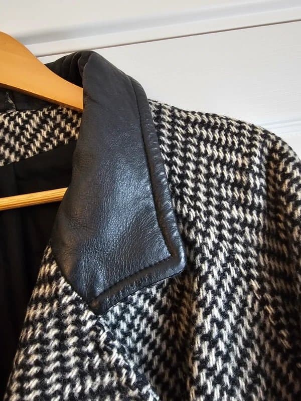 Vintage Dressing Vintage 80s Klass Wool Herringbone Coat | Leather Collar | Power Sleeve | UK 16