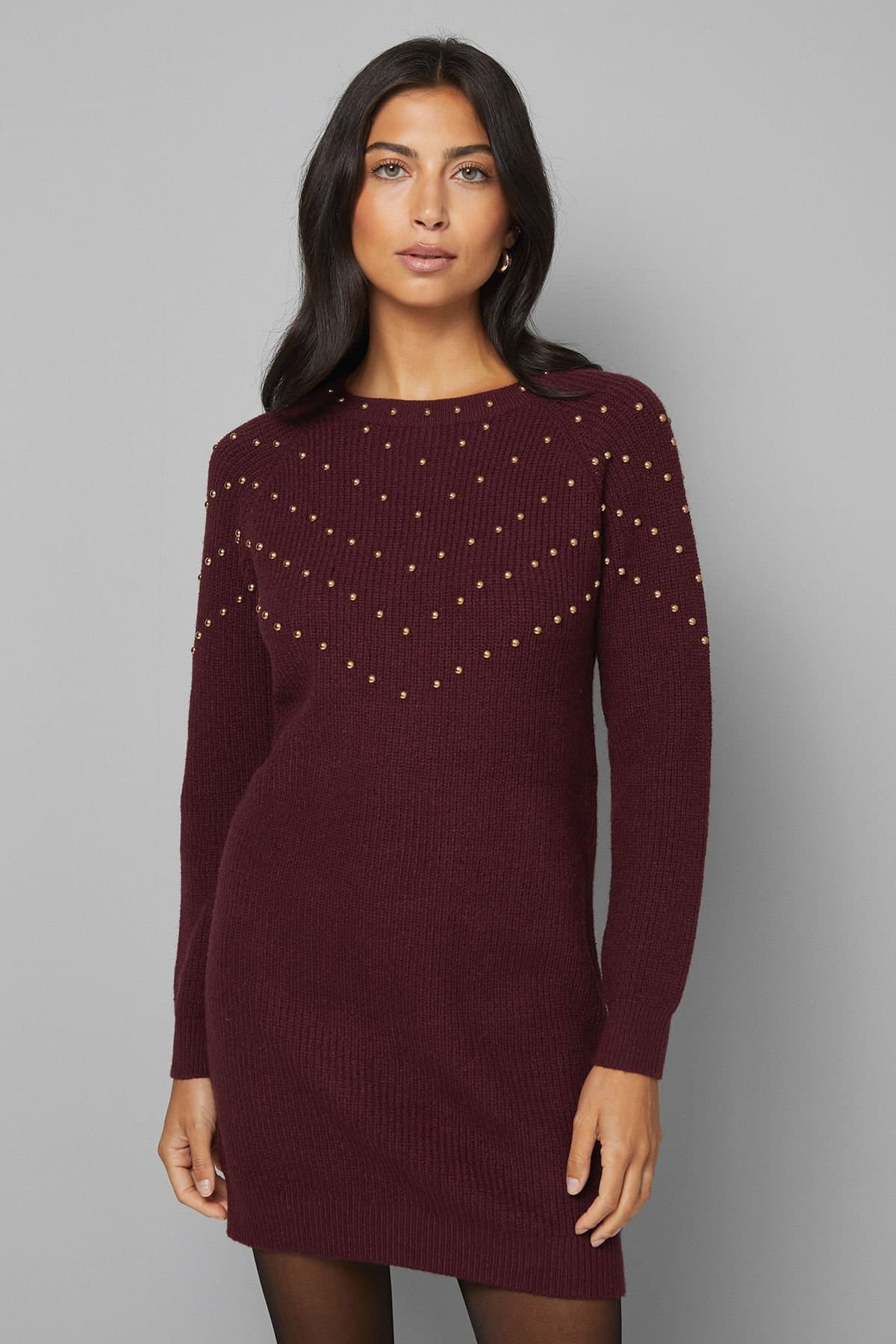 Wallis Wallis Women's Christmas Stud Tunic Knitted Dress in Burgundy