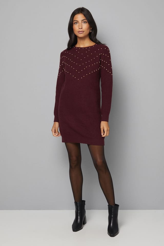 Wallis Wallis Women's Christmas Stud Tunic Knitted Dress in Burgundy - 2