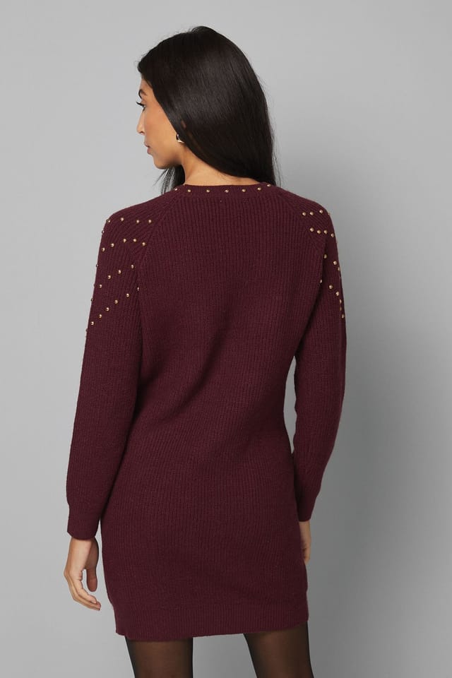 Wallis Wallis Women's Christmas Stud Tunic Knitted Dress in Burgundy - 3