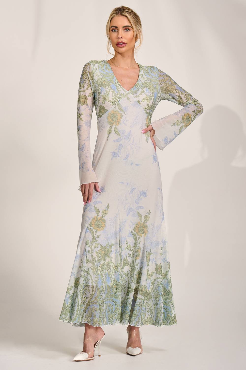 Jolie Moi Jolie Moi Women's Long Sleeve Godet Mesh Maxi Dress - 3