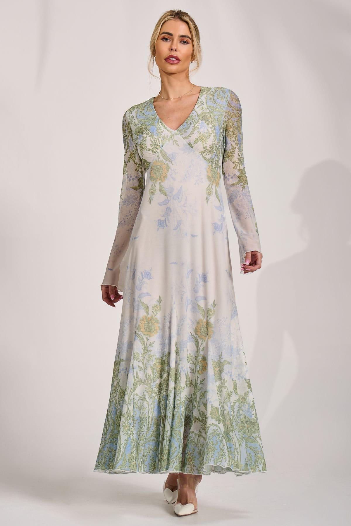 Jolie Moi Jolie Moi Women's Long Sleeve Godet Mesh Maxi Dress - 4