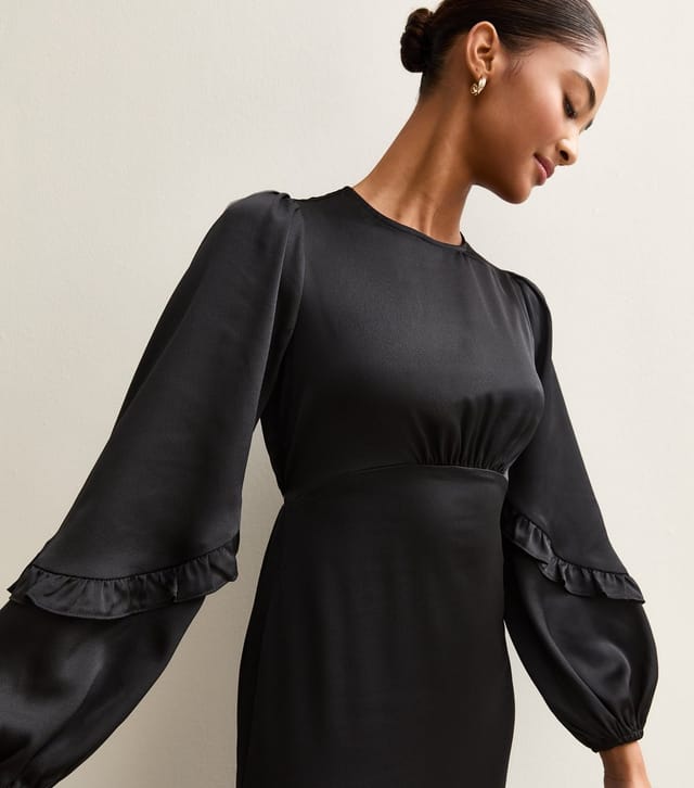 New Look Women's Black Satin Frill Trim Midi Dress New Look - 2