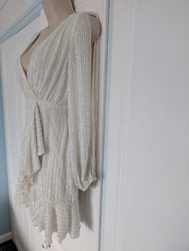 ASOS Miss Selfridge embellished sequin long sleeve wrap mini dress in white size 4