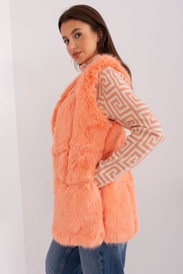 Love Lace Love Lace Women's Faux Fur Polyester Pocket Vest with Lining in Orange - 2