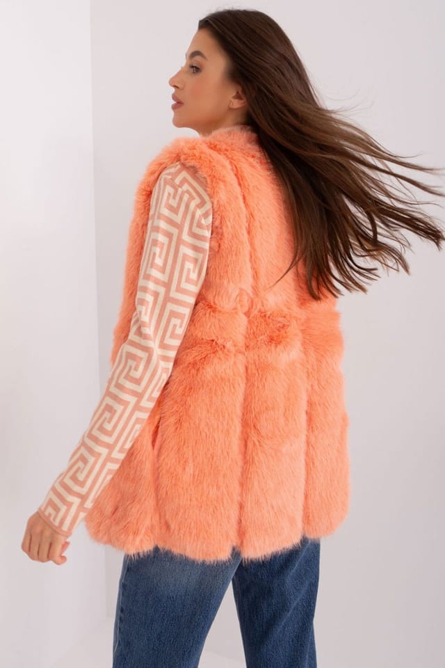 Love Lace Love Lace Women's Faux Fur Polyester Pocket Vest with Lining in Orange - 3