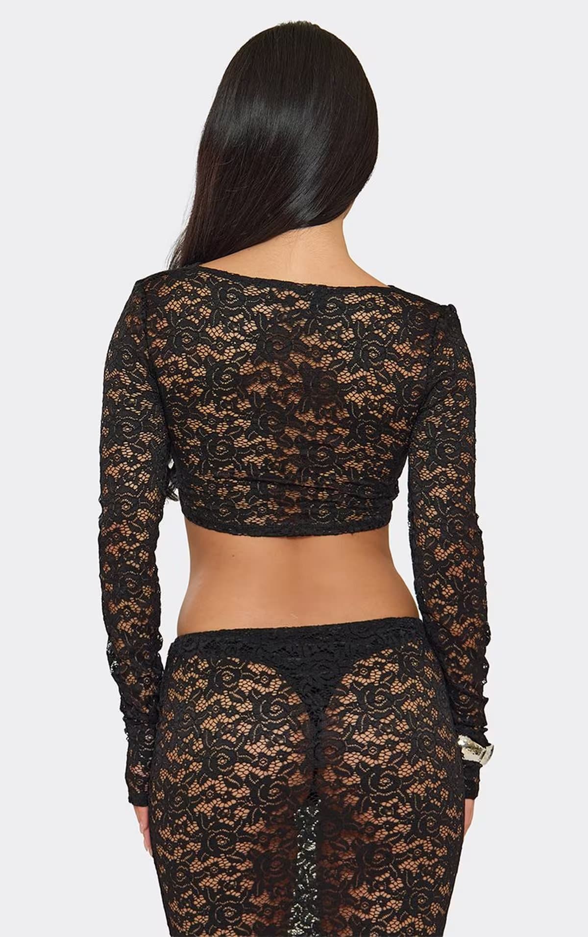 EGO Long Sleeve Crop Top In Black Sheer Lace, Women's Size UK 6