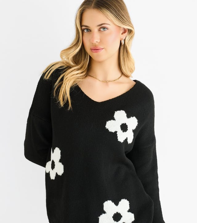 Gini London Women's Black Flower Pattern Knit Jumper Gini London New Look - 2