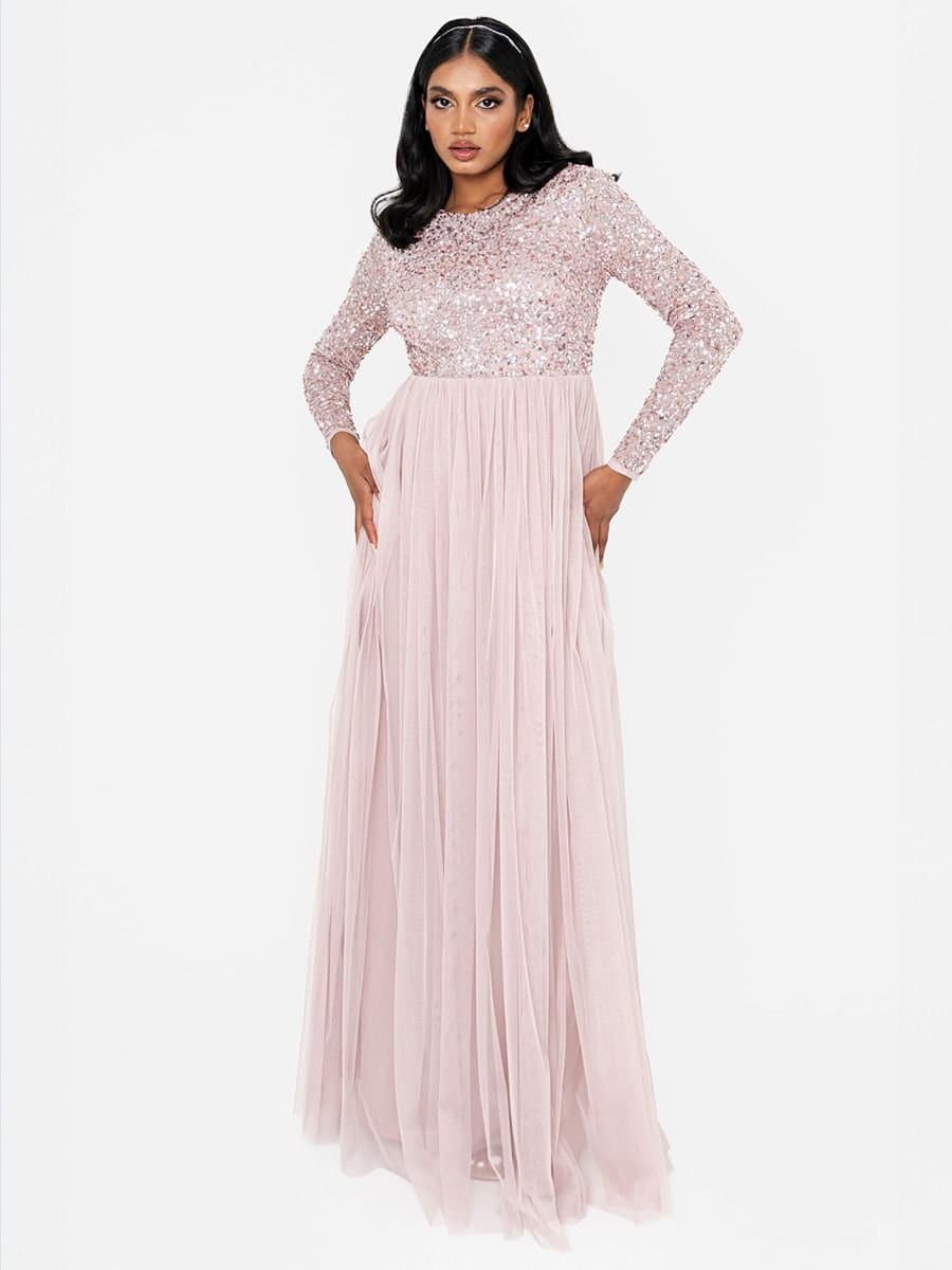 Maya Deluxe Maya Deluxe Women's Embellished Long Sleeve Maxi Dress in Light Pink