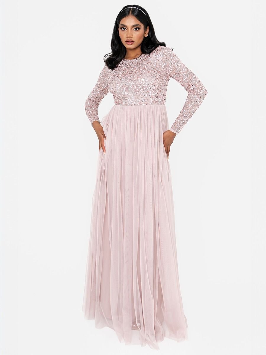 Maya Deluxe Maya Deluxe Women's Embellished Long Sleeve Maxi Dress in Light Pink - 3