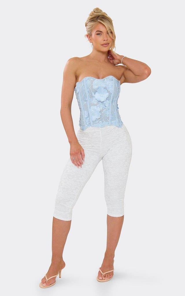 EGO Bandeau Lace Up Corset Top In Blue Floral Texture, Women's Size UK 6 - 2