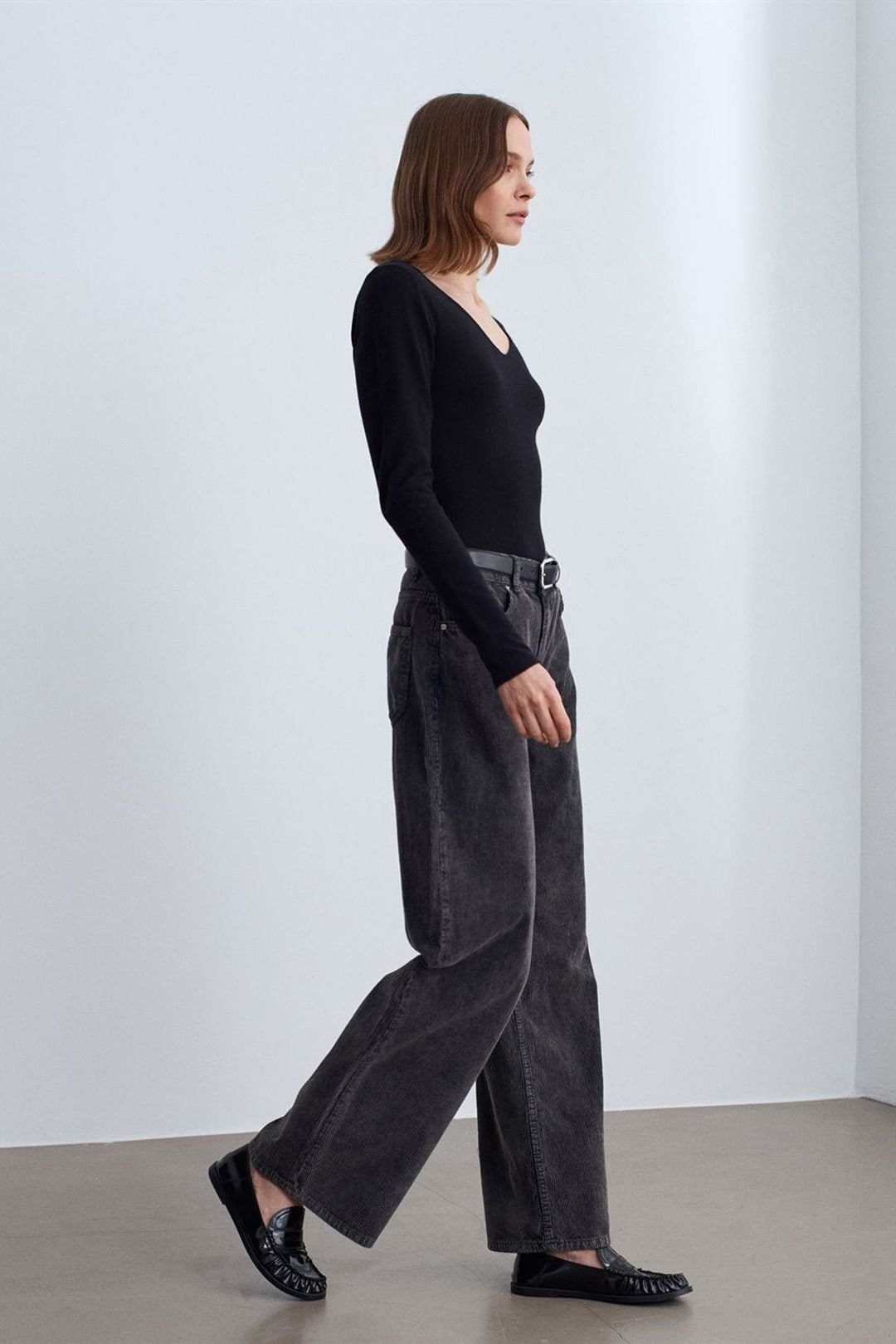 Dilvin Charcoal Cotton/Linen High-Waist Wide-Leg Trousers