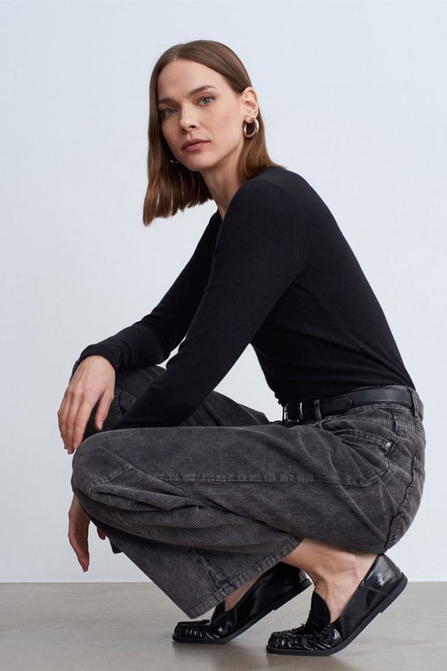 Dilvin Dilvin Women's High-Waist Wide-Leg Cotton Trousers in Charcoal - 3