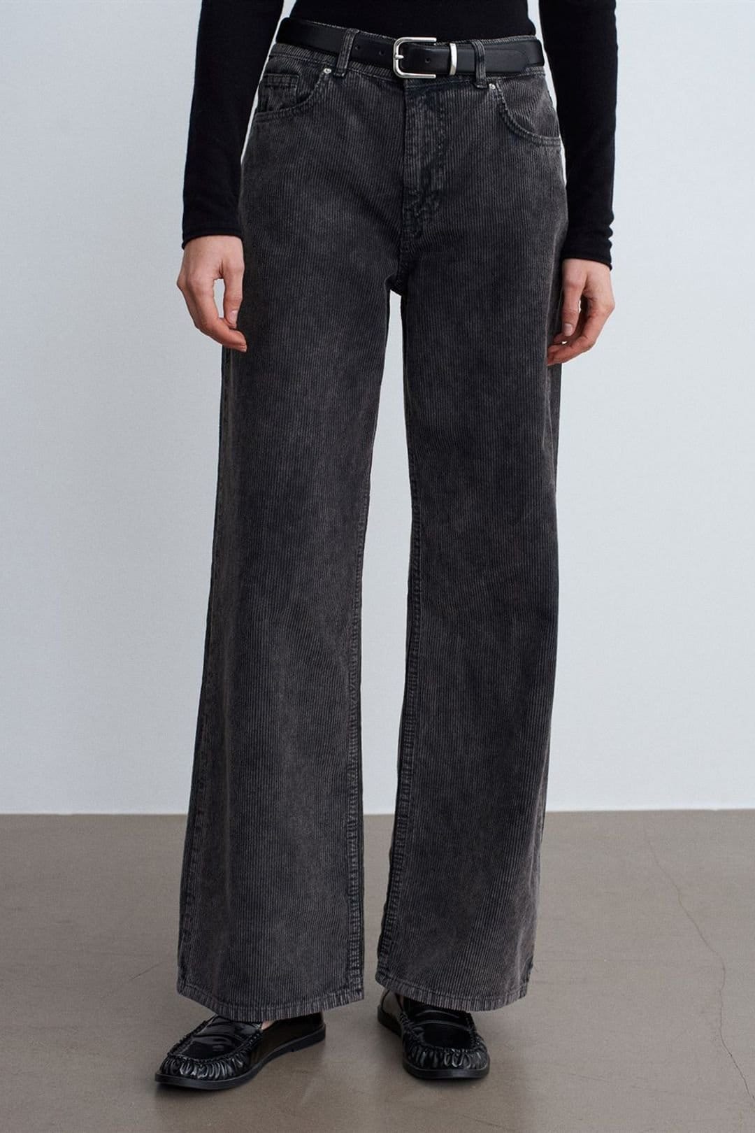 Dilvin Dilvin Women's High-Waist Wide-Leg Cotton Trousers in Charcoal - 4