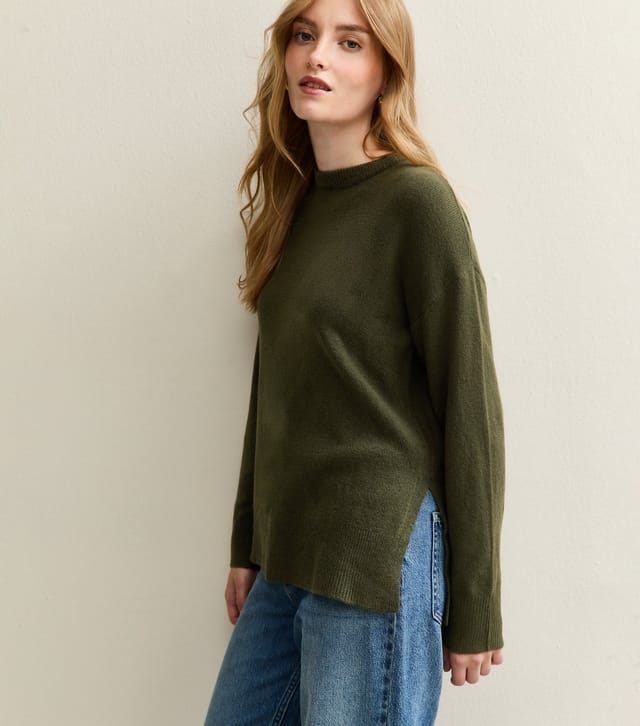 New Look Women's Dark Khaki Knitted Side Split Jumper New Look - 2