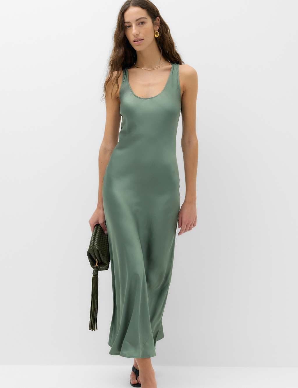Marks & Spencer M&S Satin Scoop Neck Midaxi Slip Dress Green