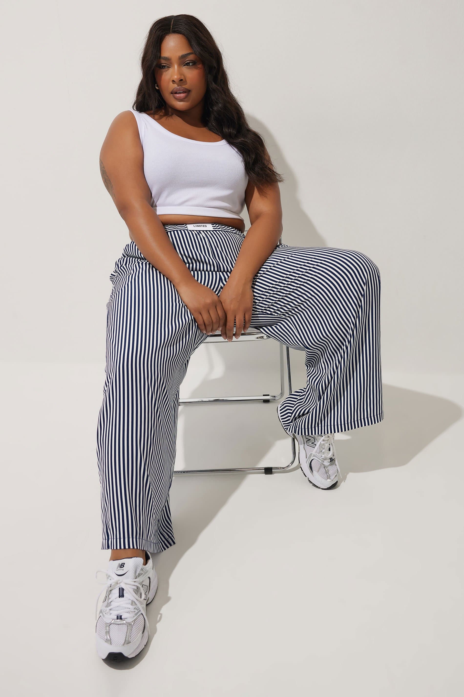 Limited Collection Plus Size Navy Blue Stripe Boxer Waist Trousers