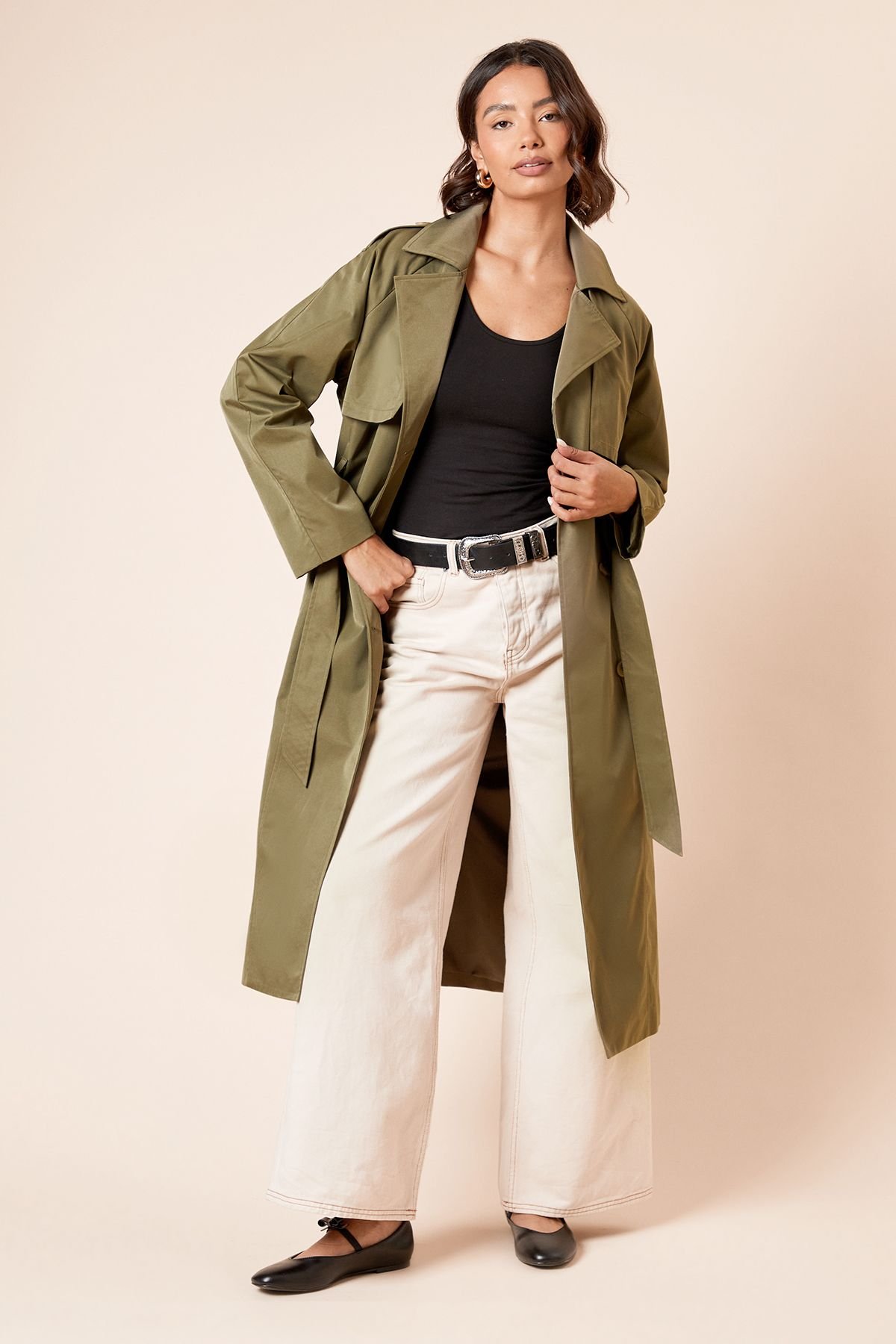 Dorothy Perkins Dorothy Perkins Women's Longline Double Breasted Belted Trench Coat in Khaki - 2