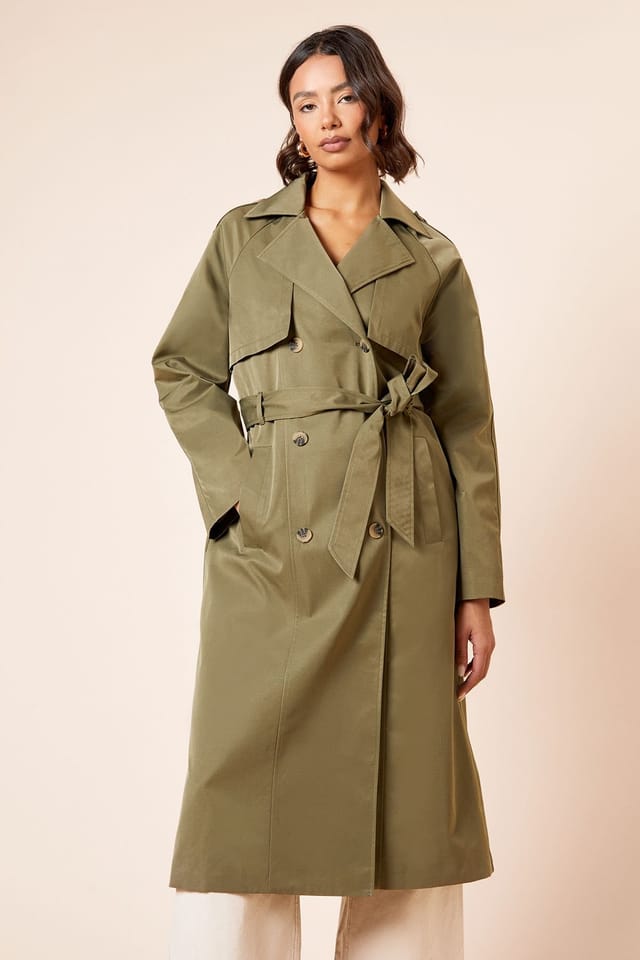 Dorothy Perkins Dorothy Perkins Women's Longline Double Breasted Belted Trench Coat in Khaki - 2