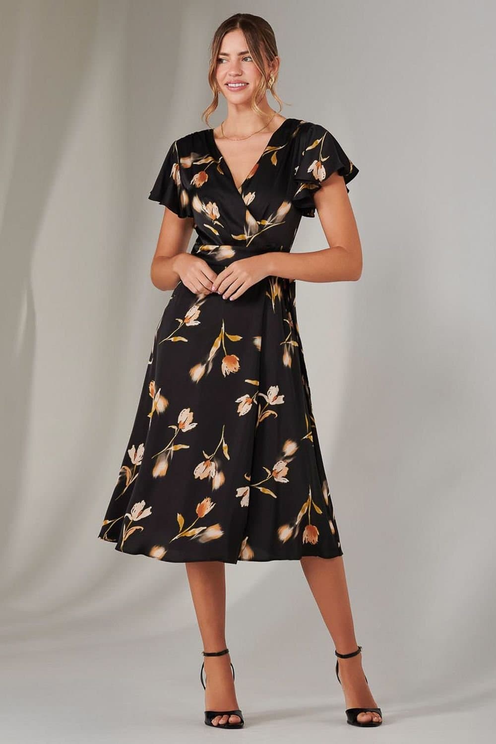 Jolie Moi Jolie Moi Women's Wrap Front Midi Dress in Black