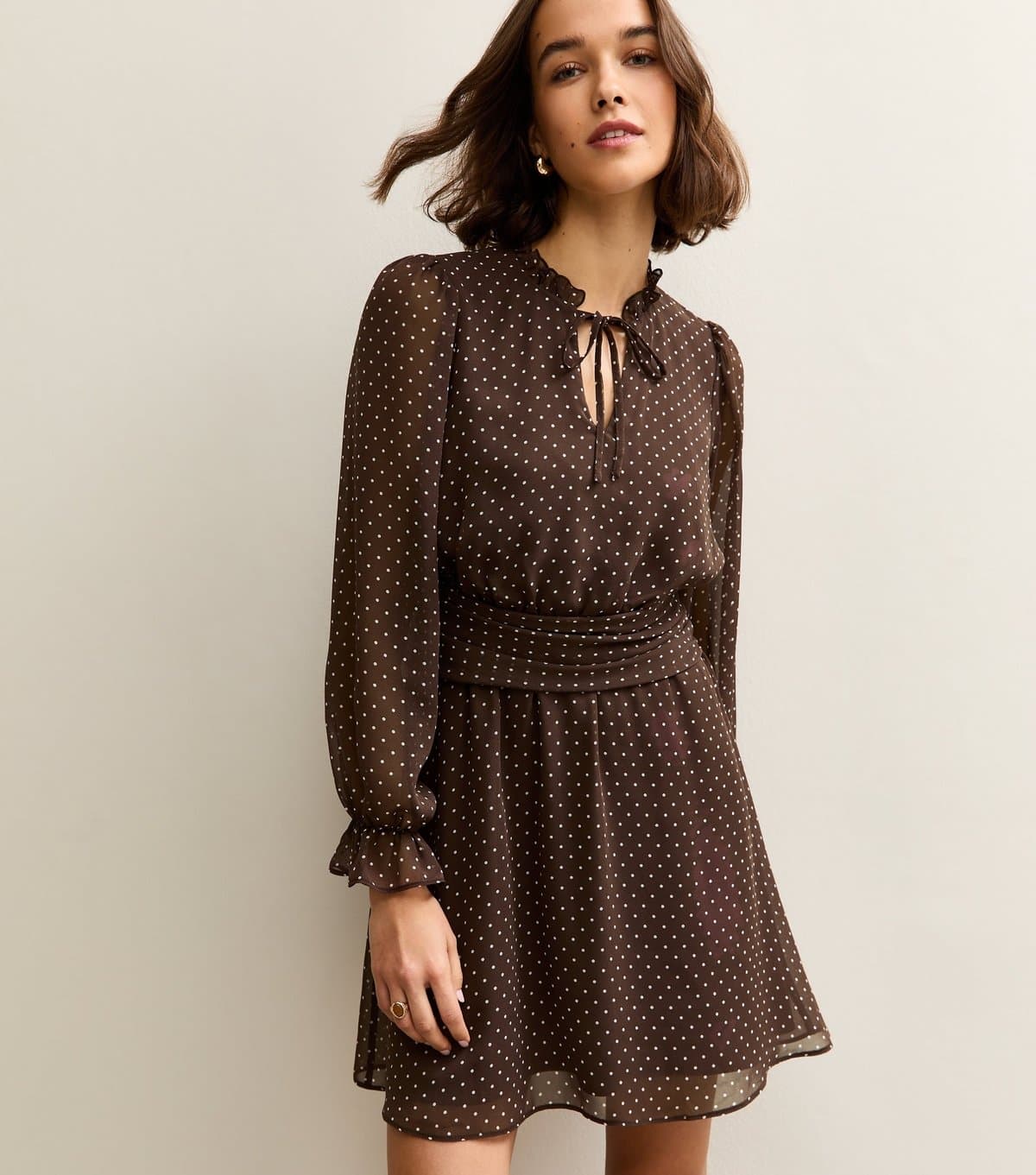 New Look Women's Brown Chiffon Polka Dot Mini Dress New Look