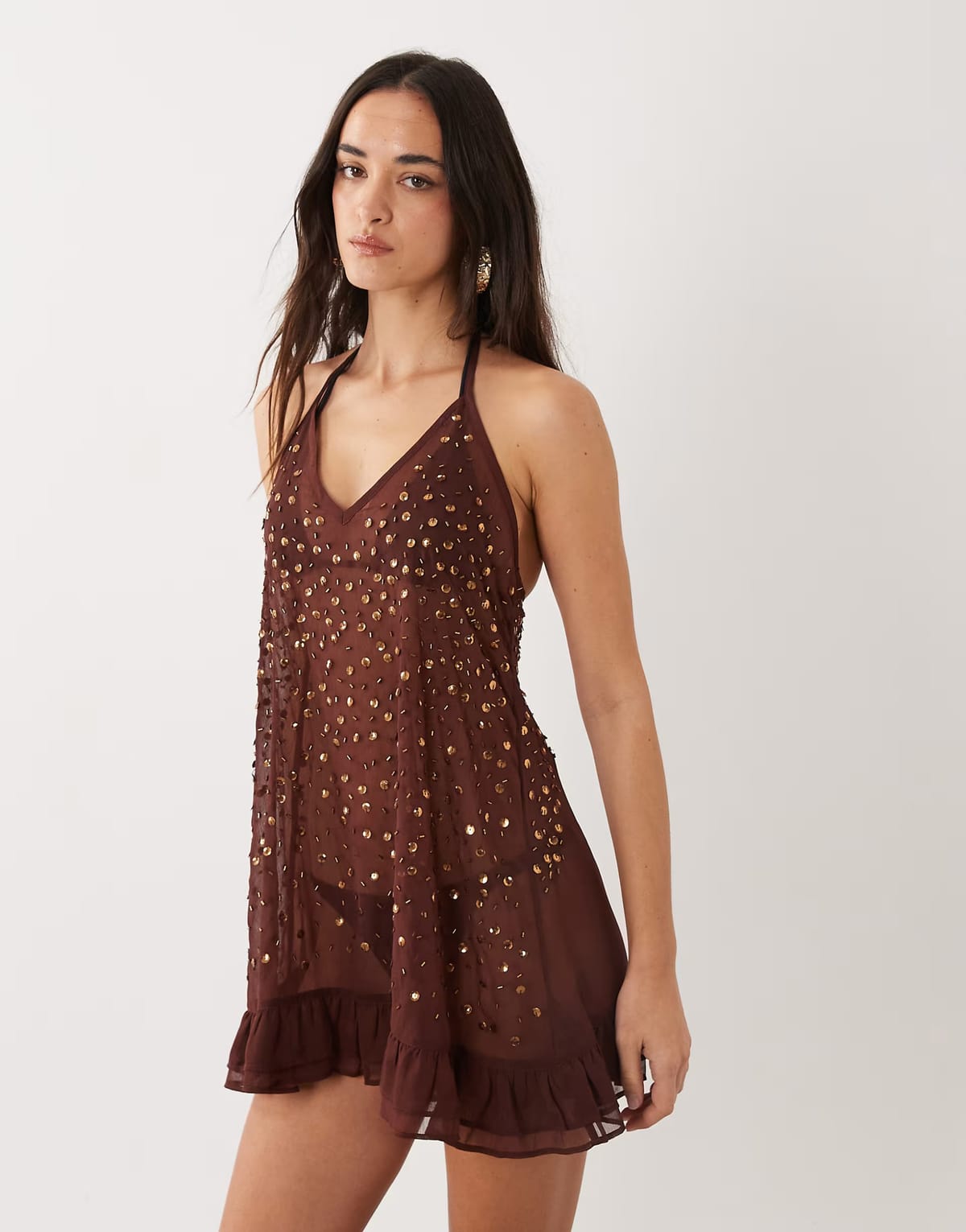 ASOS Miss Selfridge beach chiffon halterneck mini dress with embellishment in chocolate - 1