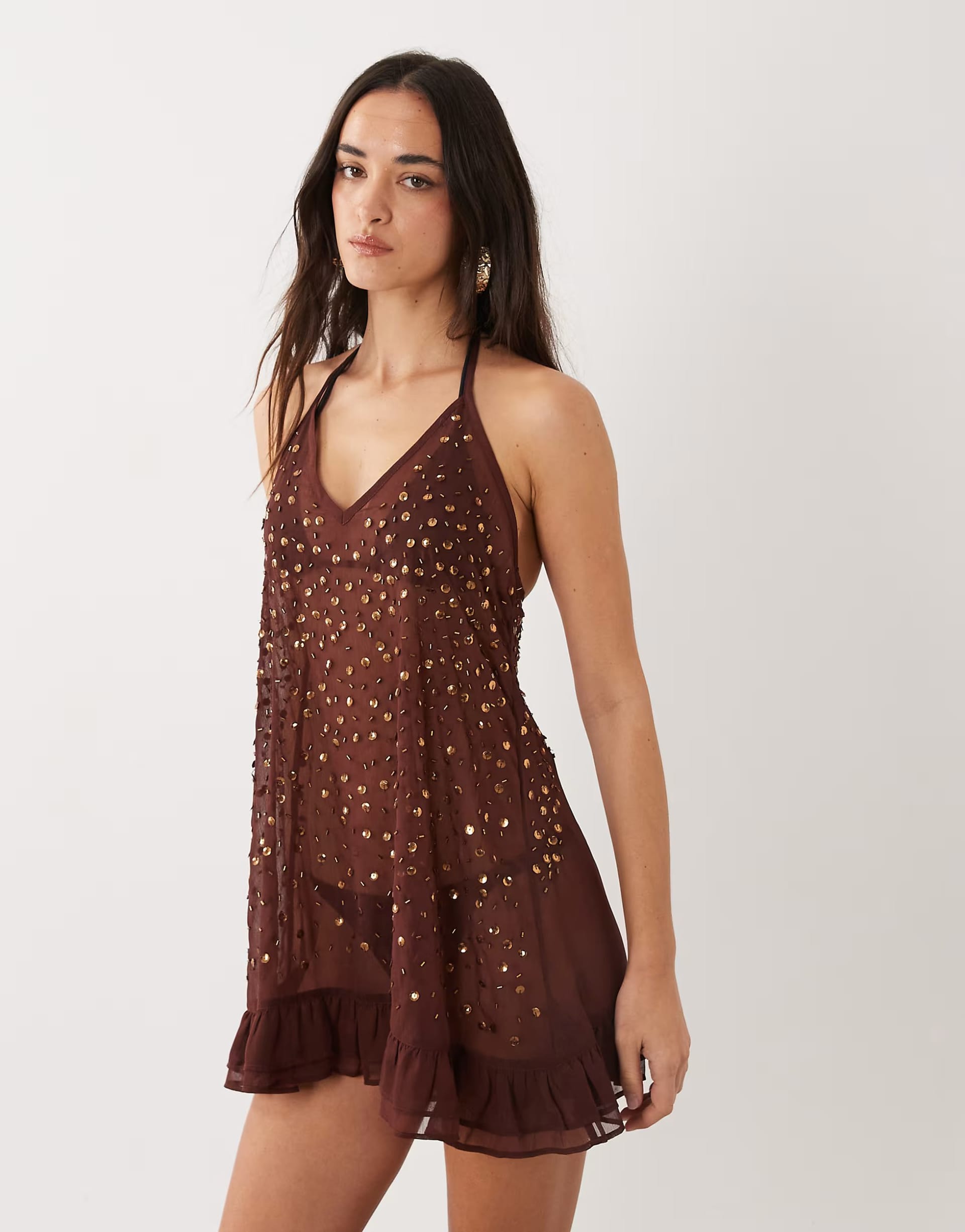 ASOS Chocolate Chiffon Halterneck Mini Dress with Embellishment