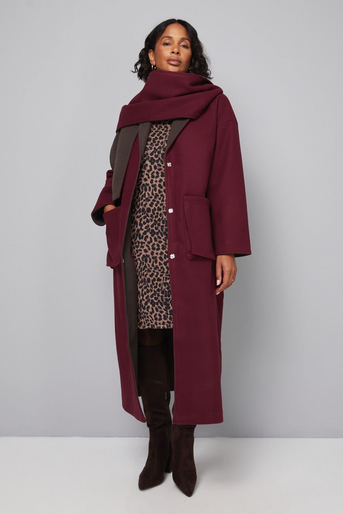 Wallis Wallis Women's Double Faced Scarf Detail Coat in Berry