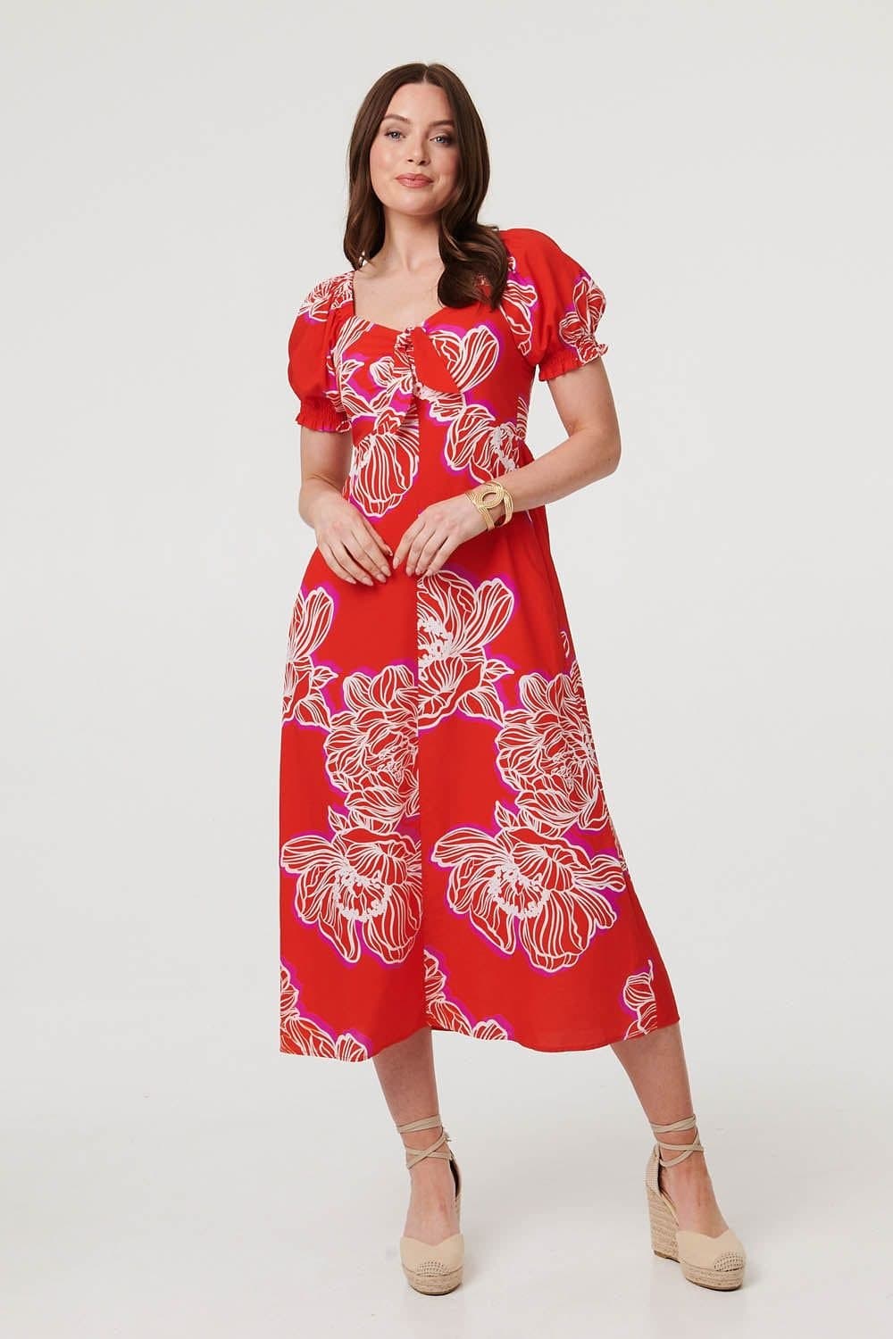 Izabel London Izabel London Women's Floral Puff Sleeve A-Line Midi Dress in Red