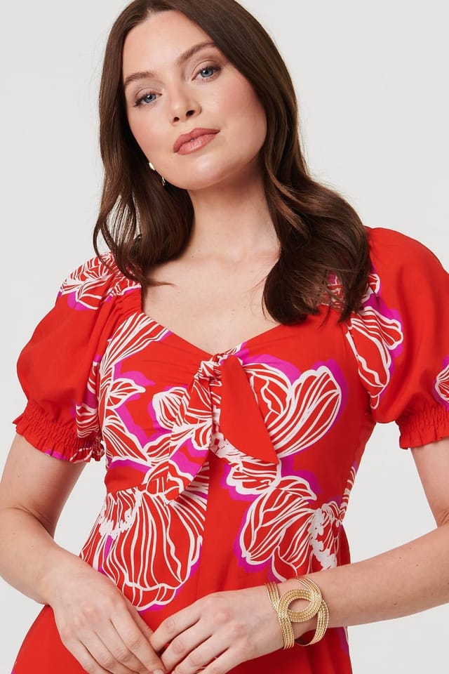 Izabel London Izabel London Women's Floral Puff Sleeve A-Line Midi Dress in Red - 2