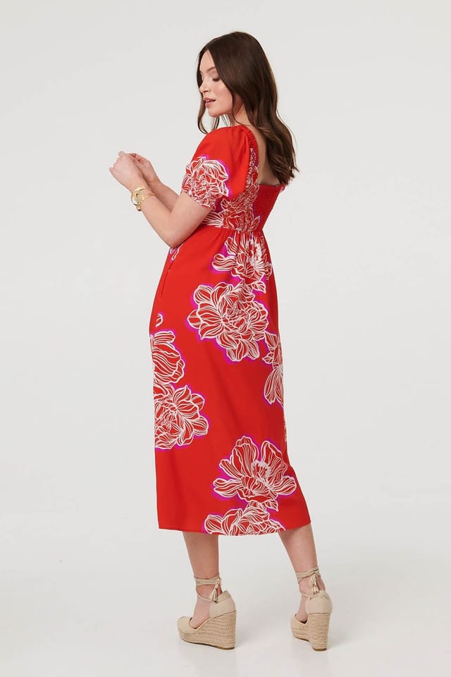 Izabel London Izabel London Women's Floral Puff Sleeve A-Line Midi Dress in Red - 3