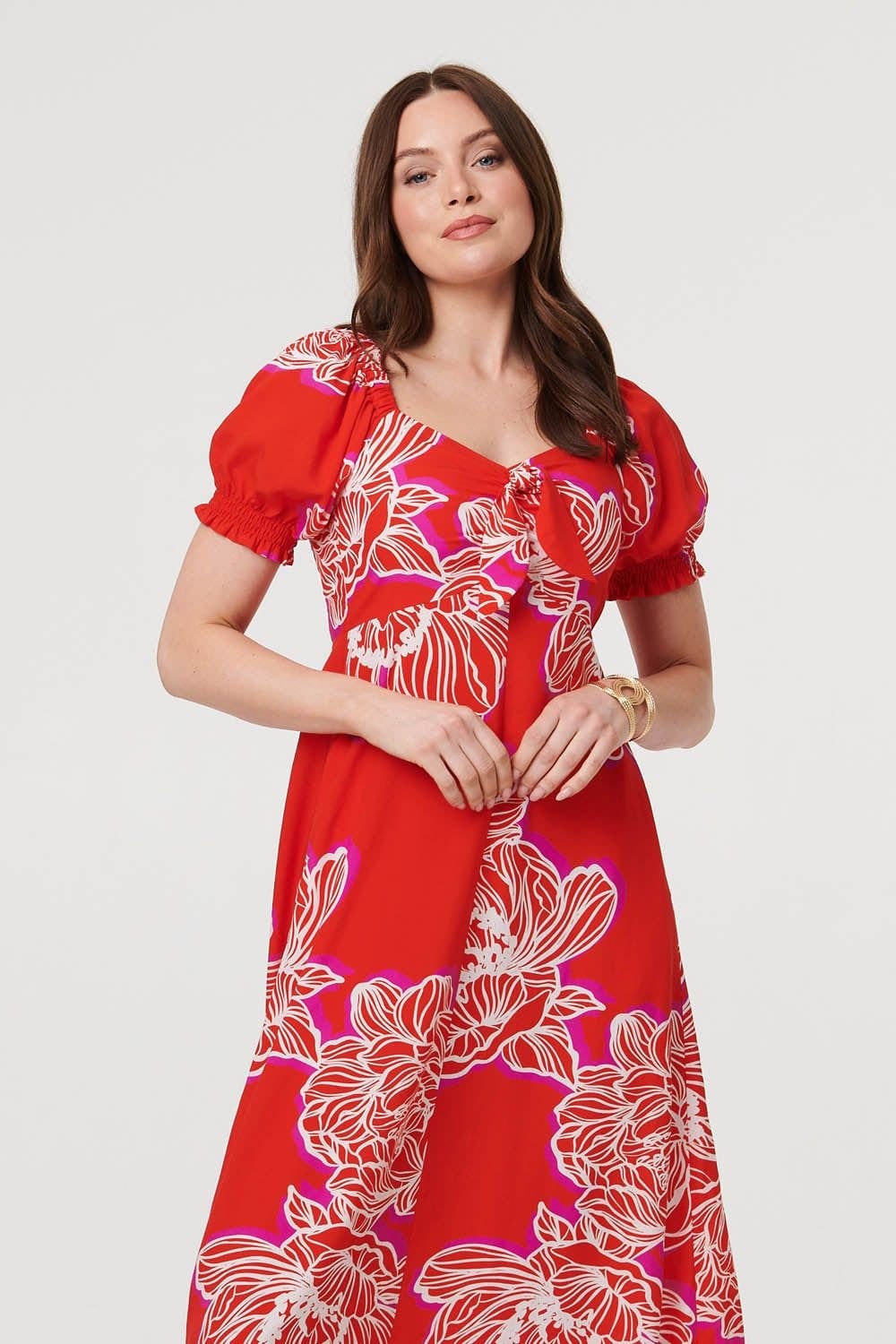 Izabel London Izabel London Women's Floral Puff Sleeve A-Line Midi Dress in Red - 4
