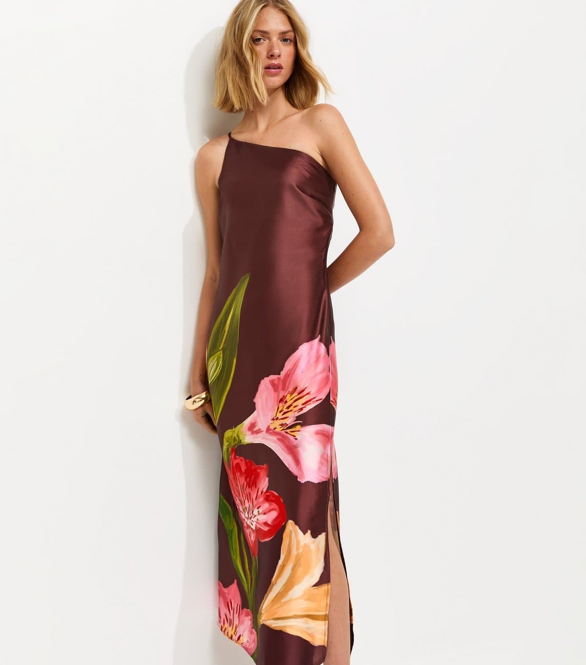 New Look Women's Brown Satin Floral One Shoulder Midi Dress New Look